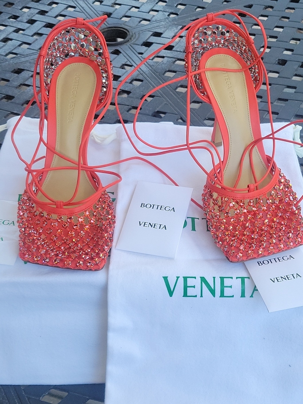 Bottega Veneta Coral Crystal Lace-Up Square-Toe Heels - Picture 2 of 5